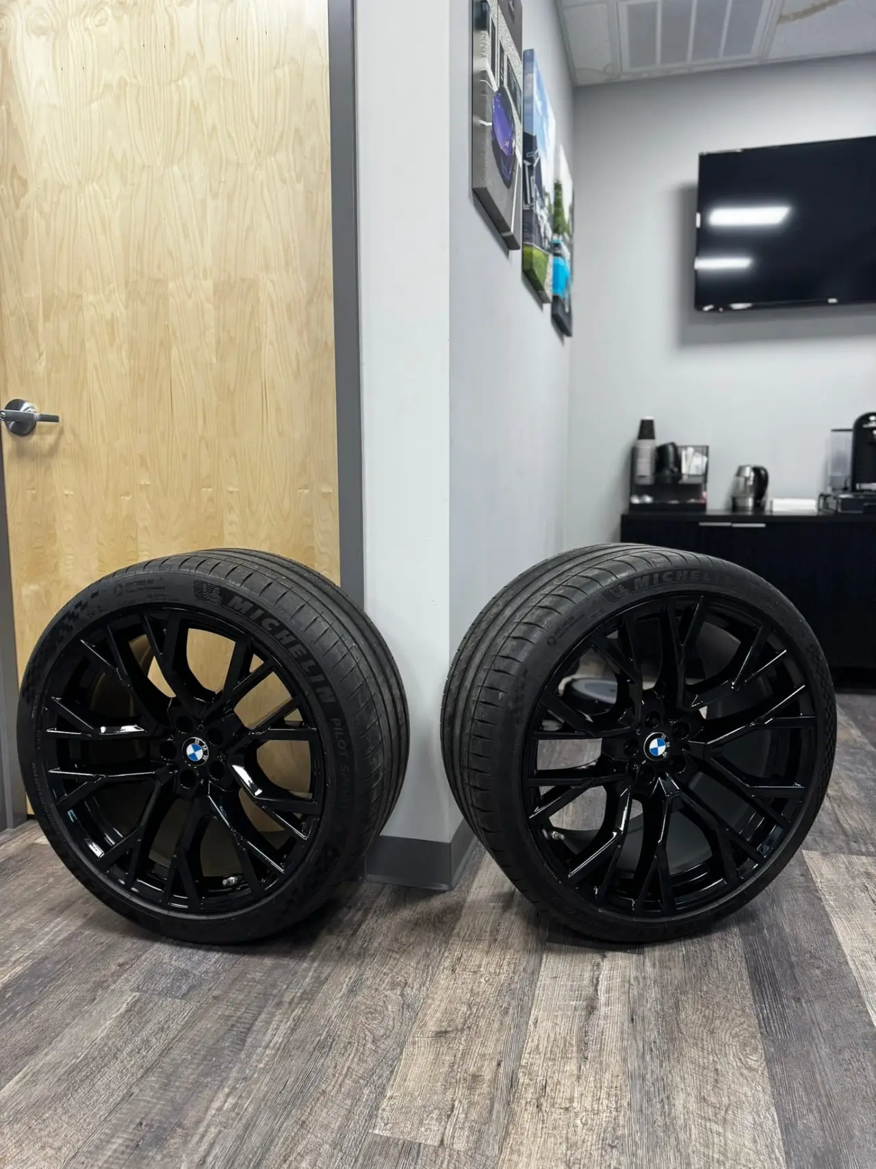 BMW gloss black powder coated wheel pair Secret Touch Auto Spa
