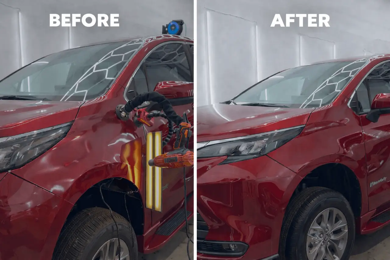 Paintless dent removal before and after on red Toyota Sienna fender dent repair Shrewsbury MA
